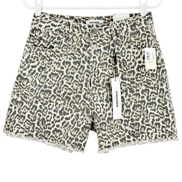 Vigoss Women's Frayed Hem Tan Cheetah Print Ace Cut off Denim Shorts Size 27 NWT - Picture 1 of 11